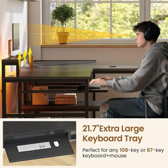 Alt view image 6 of 7 - 94.5" Gaming Computer Desk, 2 Person Office Desk with Storage, LED Lights, Power Strip, Long Desks with Keyboard Tray & Monitor Stand for Home Office, Carbon Fiber Black
