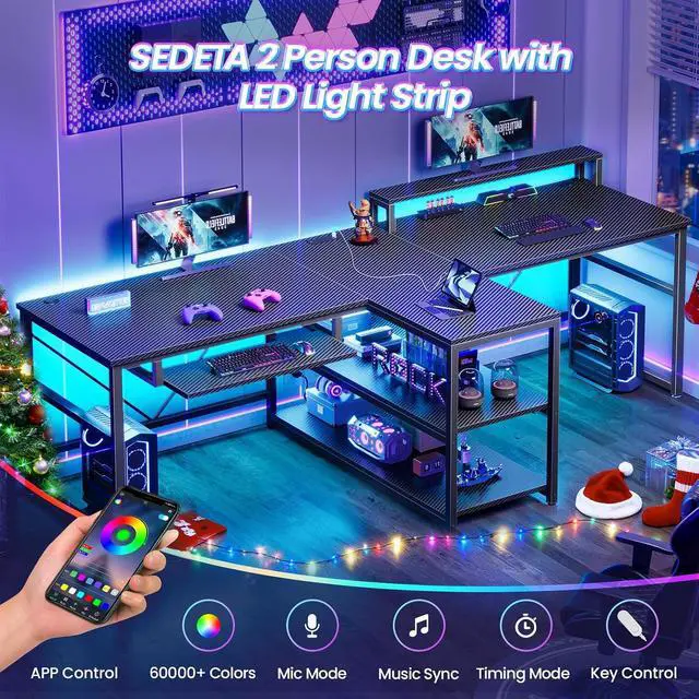 Alt view image 7 of 7 - 94.5" Gaming Computer Desk, 2 Person Office Desk with Storage, LED Lights, Power Strip, Long Desks with Keyboard Tray & Monitor Stand for Home Office, Carbon Fiber Black