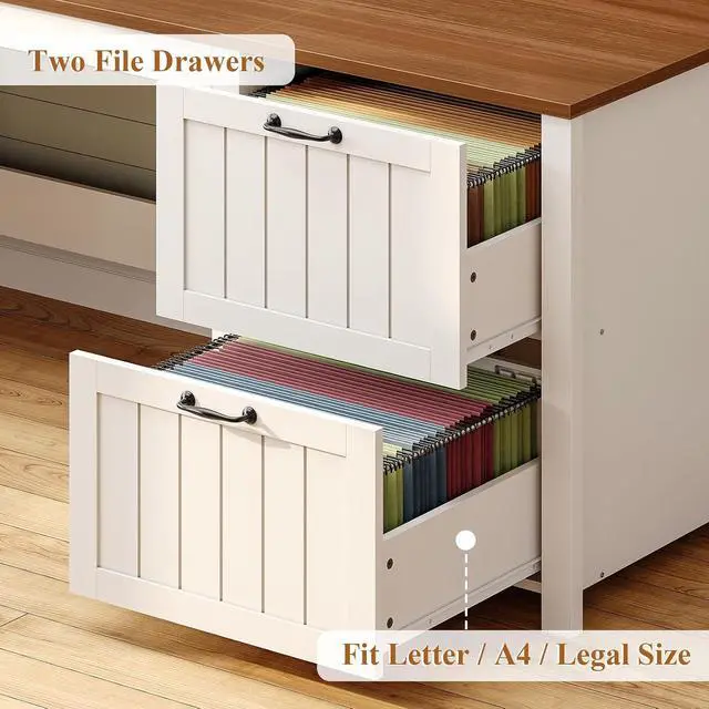 Alt view image 3 of 7 - Farmhouse 63" Executive Desk, Home Office Desk with File Drawer and Monitor Stand, Computer Desk with Drawers and Storage Cabinet, Wood Desk for Work Study Writing, White Brown