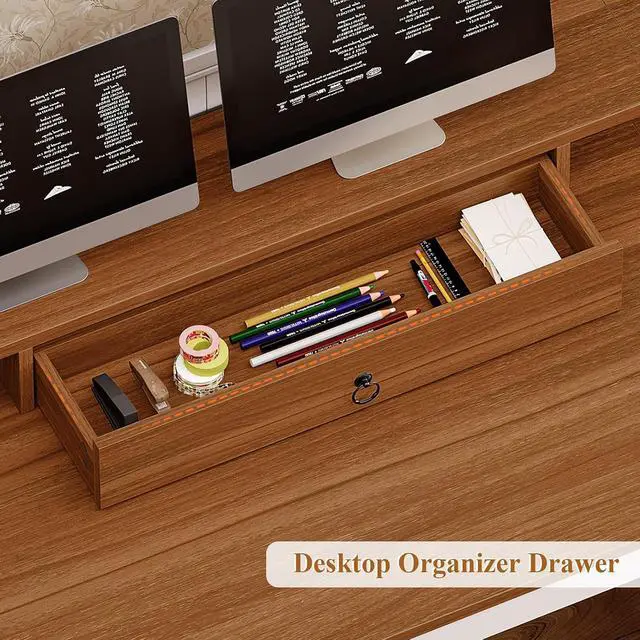 Alt view image 5 of 7 - Farmhouse 63" Executive Desk, Home Office Desk with File Drawer and Monitor Stand, Computer Desk with Drawers and Storage Cabinet, Wood Desk for Work Study Writing, White Brown