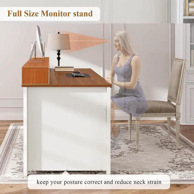 Alt view image 7 of 7 - Farmhouse 63" Executive Desk, Home Office Desk with File Drawer and Monitor Stand, Computer Desk with Drawers and Storage Cabinet, Wood Desk for Work Study Writing, White Brown