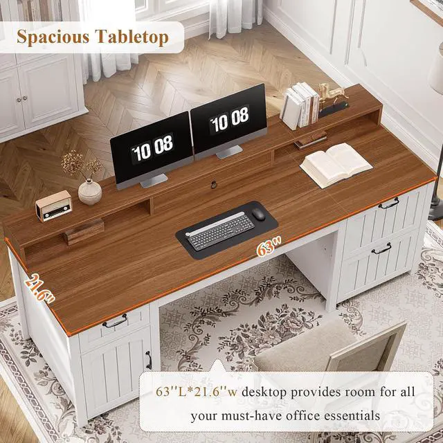 Alt view image 6 of 7 - Farmhouse 63" Executive Desk, Home Office Desk with File Drawer and Monitor Stand, Computer Desk with Drawers and Storage Cabinet, Wood Desk for Work Study Writing, White Brown