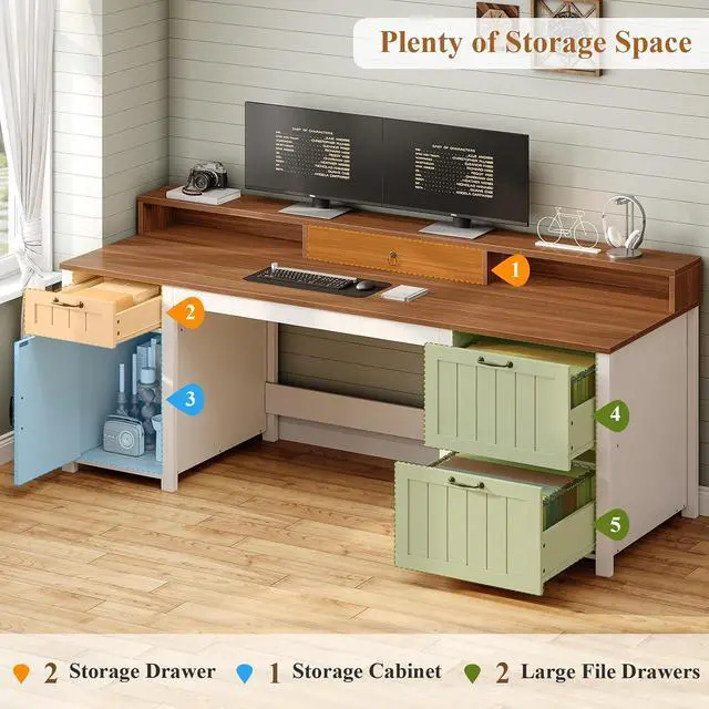 Alt view image 4 of 7 - Farmhouse 63" Executive Desk, Home Office Desk with File Drawer and Monitor Stand, Computer Desk with Drawers and Storage Cabinet, Wood Desk for Work Study Writing, White Brown