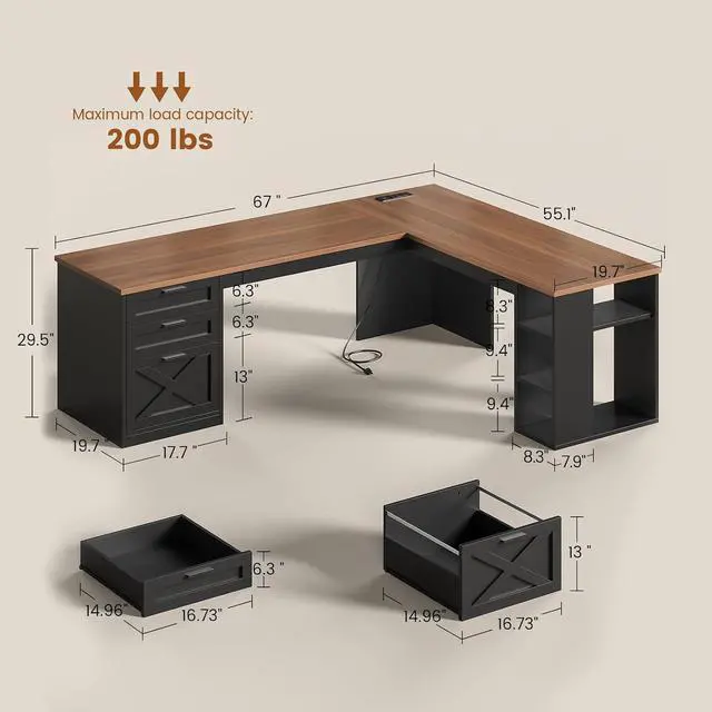 Alt view image 2 of 7 - Farmhouse 67" L Shaped Desk with 3 Drawers, Home Office Desks with Storage Shelves, Corner Computer Desk with Power OutletsExecutive Desk for Home Office, Black and Brown