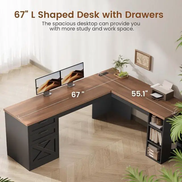 Alt view image 5 of 7 - Farmhouse 67" L Shaped Desk with 3 Drawers, Home Office Desks with Storage Shelves, Corner Computer Desk with Power OutletsExecutive Desk for Home Office, Black and Brown