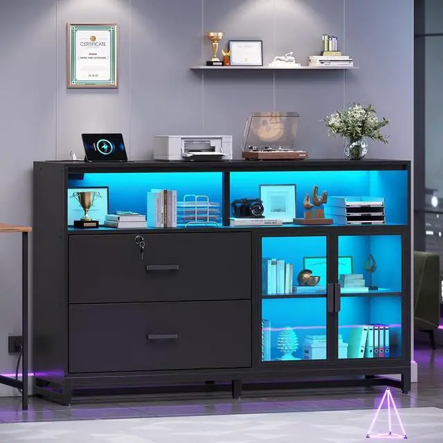 Alt view image 3 of 7 - 59" File Cabinet, 2 Drawers Filing Cabinets for Home Office fit Legal/Letter/A4 File, File Cabinet with Lock & Power Outlets, Printer Stand with Storage & LED Lights, Black