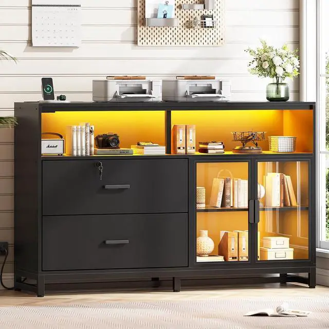 Main image of 59" File Cabinet, 2 Drawers Filing Cabinets for Home Office fit Legal/Letter/A4 File, File Cabinet with Lock & Power Outlets, Printer Stand with Storage & LED Lights, Black