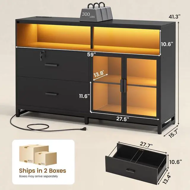 Alt view image 2 of 7 - 59" File Cabinet, 2 Drawers Filing Cabinets for Home Office fit Legal/Letter/A4 File, File Cabinet with Lock & Power Outlets, Printer Stand with Storage & LED Lights, Black