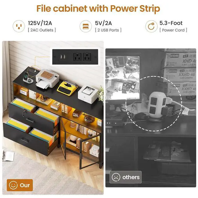 Alt view image 5 of 7 - 59" File Cabinet, 2 Drawers Filing Cabinets for Home Office fit Legal/Letter/A4 File, File Cabinet with Lock & Power Outlets, Printer Stand with Storage & LED Lights, Black