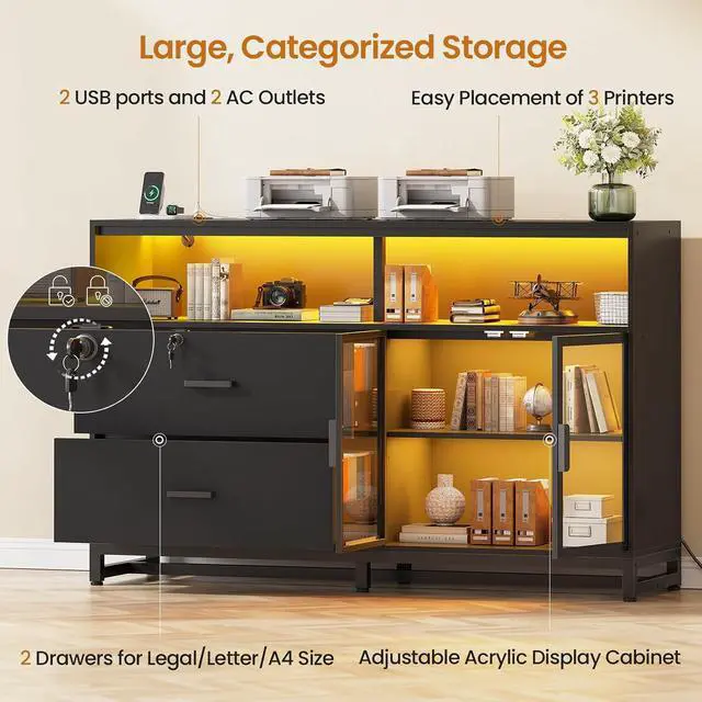 Alt view image 6 of 7 - 59" File Cabinet, 2 Drawers Filing Cabinets for Home Office fit Legal/Letter/A4 File, File Cabinet with Lock & Power Outlets, Printer Stand with Storage & LED Lights, Black