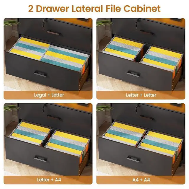 Alt view image 4 of 7 - 59" File Cabinet, 2 Drawers Filing Cabinets for Home Office fit Legal/Letter/A4 File, File Cabinet with Lock & Power Outlets, Printer Stand with Storage & LED Lights, Black