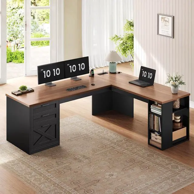 Alt view image 7 of 7 - Farmhouse 67" L Shaped Desk with 3 Drawers, Home Office Desks with Storage Shelves, Corner Computer Desk with Power OutletsExecutive Desk for Home Office, Black and Brown