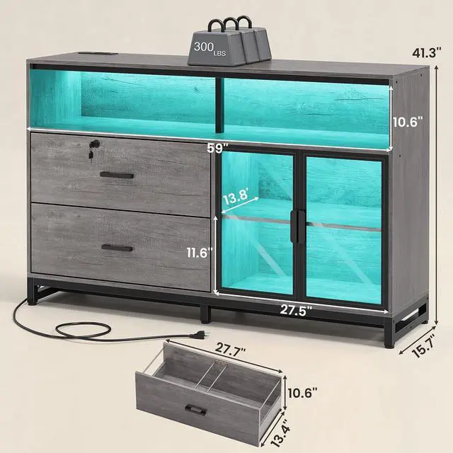 Alt view image 2 of 7 - 59" File Cabinet, 2 Drawers Filing Cabinets for Home Office fit Legal/Letter/A4 File, File Cabinet with Lock & Power Outlets, Printer Stand with Storage & LED Lights, Grey