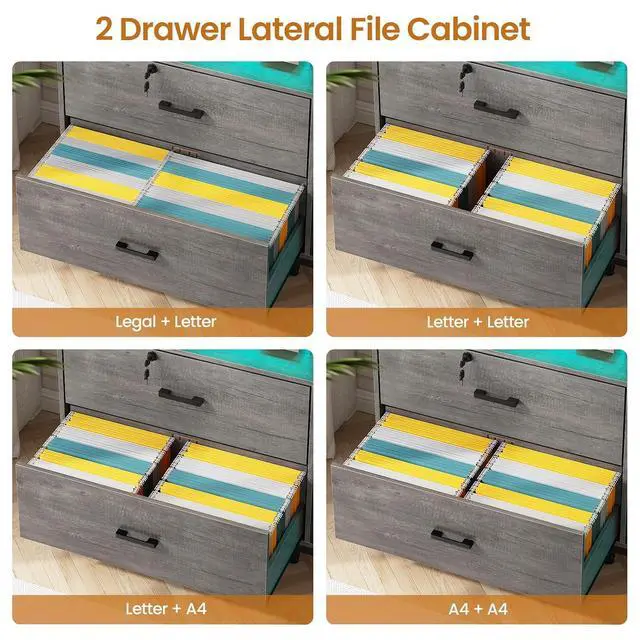 Alt view image 4 of 7 - 59" File Cabinet, 2 Drawers Filing Cabinets for Home Office fit Legal/Letter/A4 File, File Cabinet with Lock & Power Outlets, Printer Stand with Storage & LED Lights, Grey