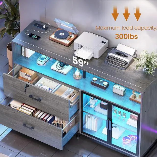 Alt view image 7 of 7 - 59" File Cabinet, 2 Drawers Filing Cabinets for Home Office fit Legal/Letter/A4 File, File Cabinet with Lock & Power Outlets, Printer Stand with Storage & LED Lights, Grey