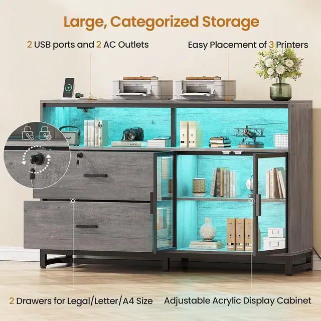 Alt view image 6 of 7 - 59" File Cabinet, 2 Drawers Filing Cabinets for Home Office fit Legal/Letter/A4 File, File Cabinet with Lock & Power Outlets, Printer Stand with Storage & LED Lights, Grey