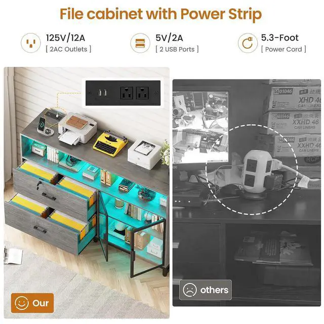 Alt view image 5 of 7 - 59" File Cabinet, 2 Drawers Filing Cabinets for Home Office fit Legal/Letter/A4 File, File Cabinet with Lock & Power Outlets, Printer Stand with Storage & LED Lights, Grey