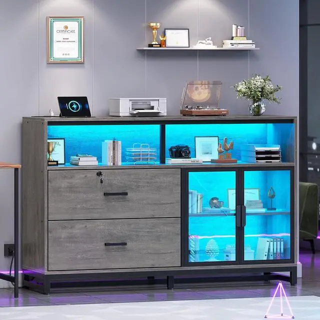 Alt view image 3 of 7 - 59" File Cabinet, 2 Drawers Filing Cabinets for Home Office fit Legal/Letter/A4 File, File Cabinet with Lock & Power Outlets, Printer Stand with Storage & LED Lights, Grey