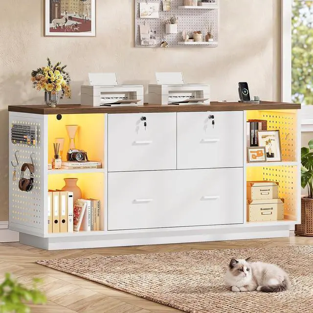 Main image of 55" File Cabinet with Lock, Large 3 Drawers Filing Cabinets for Home Office, Lockable Printer Stand with Storage, Power Strip, LED Light & Pegboard, White + Brown
