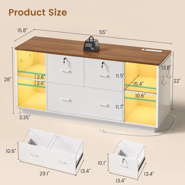 Alt view image 2 of 7 - 55" File Cabinet with Lock, Large 3 Drawers Filing Cabinets for Home Office, Lockable Printer Stand with Storage, Power Strip, LED Light & Pegboard, White + Brown