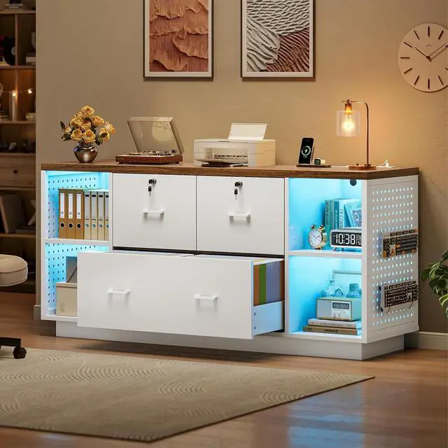 Alt view image 3 of 7 - 55" File Cabinet with Lock, Large 3 Drawers Filing Cabinets for Home Office, Lockable Printer Stand with Storage, Power Strip, LED Light & Pegboard, White + Brown