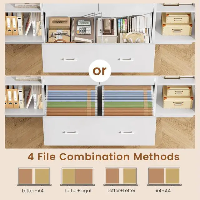 Alt view image 4 of 7 - 55" File Cabinet with Lock, Large 3 Drawers Filing Cabinets for Home Office, Lockable Printer Stand with Storage, Power Strip, LED Light & Pegboard, White + Brown
