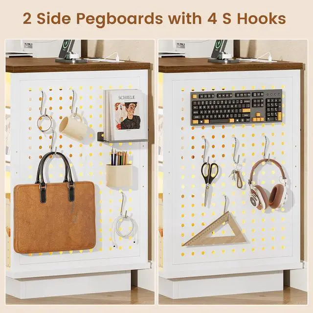 Alt view image 6 of 7 - 55" File Cabinet with Lock, Large 3 Drawers Filing Cabinets for Home Office, Lockable Printer Stand with Storage, Power Strip, LED Light & Pegboard, White + Brown