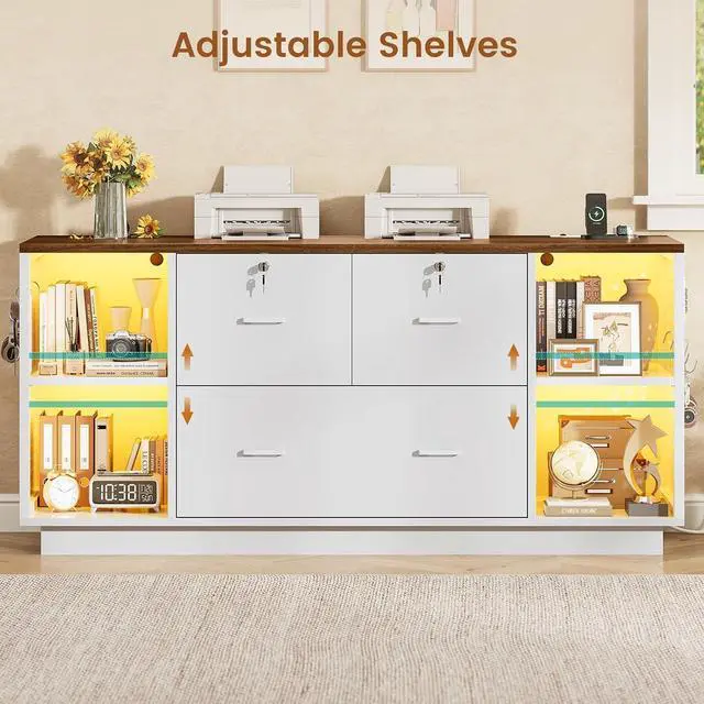 Alt view image 7 of 7 - 55" File Cabinet with Lock, Large 3 Drawers Filing Cabinets for Home Office, Lockable Printer Stand with Storage, Power Strip, LED Light & Pegboard, White + Brown