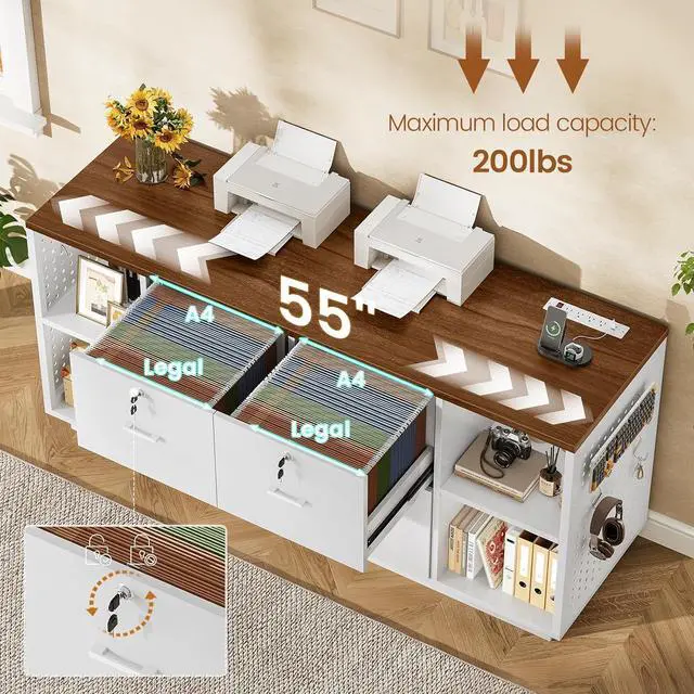 Alt view image 5 of 7 - 55" File Cabinet with Lock, Large 3 Drawers Filing Cabinets for Home Office, Lockable Printer Stand with Storage, Power Strip, LED Light & Pegboard, White + Brown