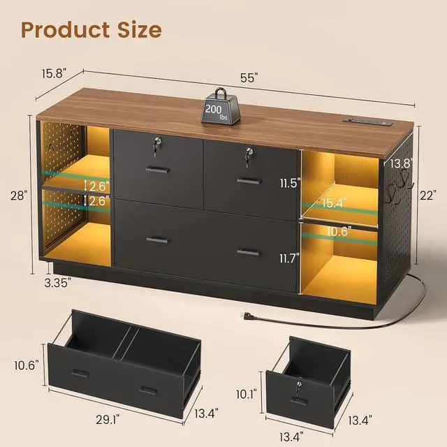 Alt view image 2 of 7 - 55" File Cabinet with Lock, Large 3 Drawers Filing Cabinets for Home Office, Lockable Printer Stand with Storage, Power Strip, LED Light & Pegboard, Black + Brown
