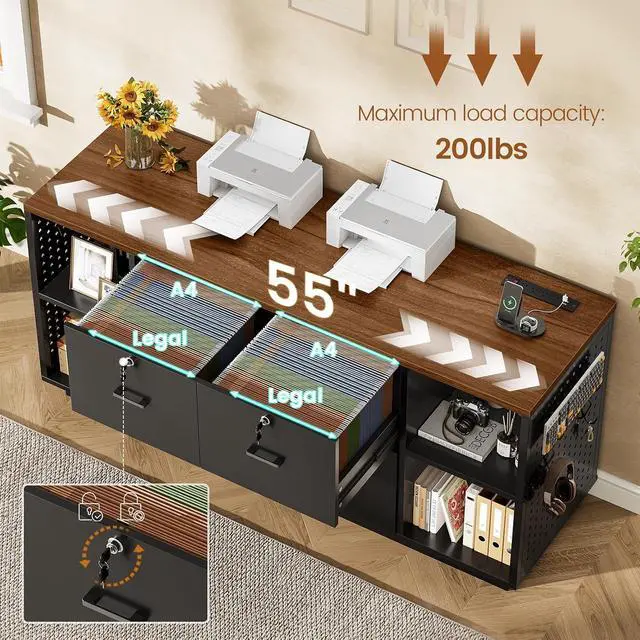 Alt view image 5 of 7 - 55" File Cabinet with Lock, Large 3 Drawers Filing Cabinets for Home Office, Lockable Printer Stand with Storage, Power Strip, LED Light & Pegboard, Black + Brown