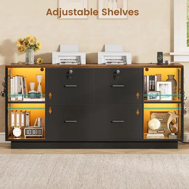 Alt view image 7 of 7 - 55" File Cabinet with Lock, Large 3 Drawers Filing Cabinets for Home Office, Lockable Printer Stand with Storage, Power Strip, LED Light & Pegboard, Black + Brown