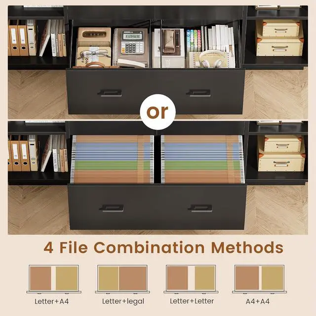 Alt view image 4 of 7 - 55" File Cabinet with Lock, Large 3 Drawers Filing Cabinets for Home Office, Lockable Printer Stand with Storage, Power Strip, LED Light & Pegboard, Black + Brown