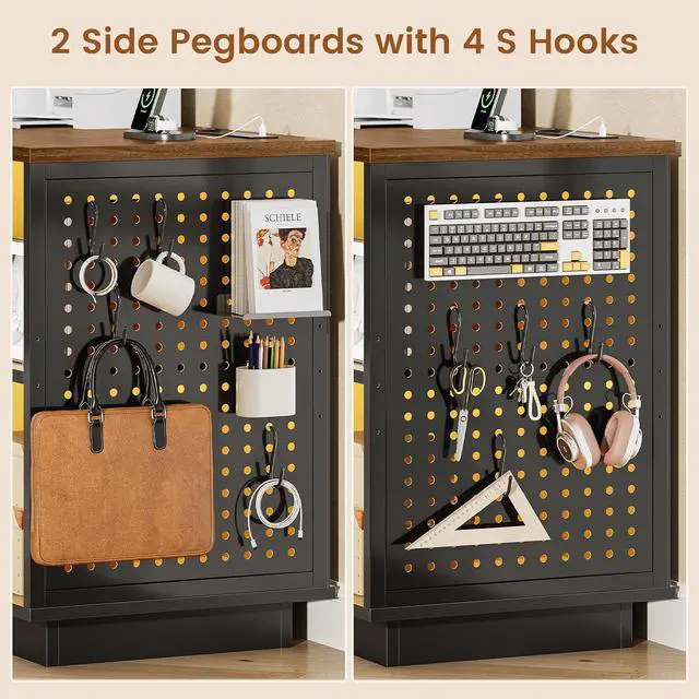 Alt view image 6 of 7 - 55" File Cabinet with Lock, Large 3 Drawers Filing Cabinets for Home Office, Lockable Printer Stand with Storage, Power Strip, LED Light & Pegboard, Black + Brown