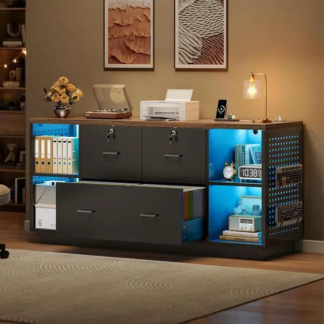 Alt view image 3 of 7 - 55" File Cabinet with Lock, Large 3 Drawers Filing Cabinets for Home Office, Lockable Printer Stand with Storage, Power Strip, LED Light & Pegboard, Black + Brown