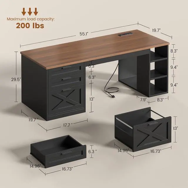Alt view image 2 of 7 - 55.1" Farmhouse Office Desk with 3 Drawers, Executive Desk with File Drawer & Storage Shelves, Computer Desk with Power Outlet for Home Office, Black and Brown
