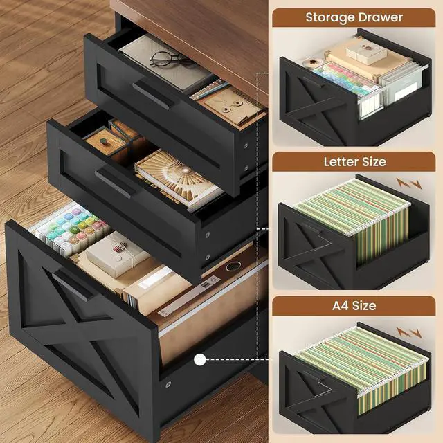 Alt view image 3 of 7 - 55.1" Farmhouse Office Desk with 3 Drawers, Executive Desk with File Drawer & Storage Shelves, Computer Desk with Power Outlet for Home Office, Black and Brown