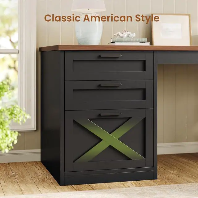 Alt view image 7 of 7 - 55.1" Farmhouse Office Desk with 3 Drawers, Executive Desk with File Drawer & Storage Shelves, Computer Desk with Power Outlet for Home Office, Black and Brown