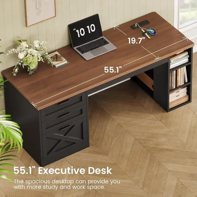 Alt view image 6 of 7 - 55.1" Farmhouse Office Desk with 3 Drawers, Executive Desk with File Drawer & Storage Shelves, Computer Desk with Power Outlet for Home Office, Black and Brown