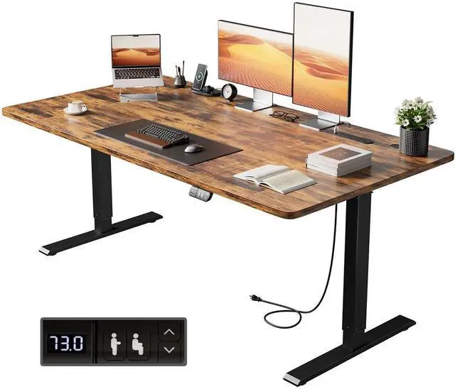 Main image of 63" Electric Standing Desk with Power Outlets, Brown | 31.5" wide, 132lbs, 2 memory presets, height adjustable sit stand workstation for home office, ergonomic computer desk