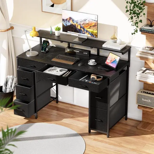Alt view image 2 of 7 - 47 inch Computer Desk with 8 Storage Drawers, Gaming Desk with LED Lights & USB Power Outlets, Home Office Table with Monitor Stand, Study Writing Work Table for Bedroom, Black