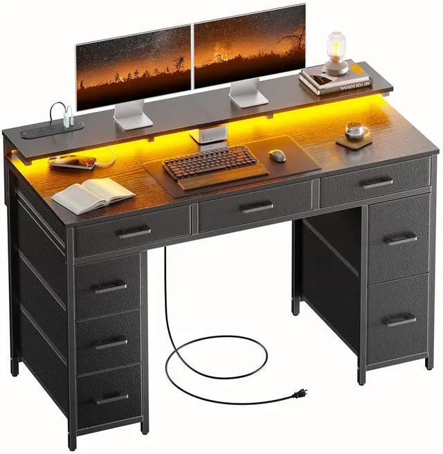 Main image of 47 inch Computer Desk with 8 Storage Drawers, Gaming Desk with LED Lights & USB Power Outlets, Home Office Table with Monitor Stand, Study Writing Work Table for Bedroom, Black