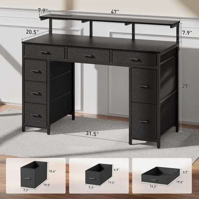Alt view image 3 of 7 - 47 inch Computer Desk with 8 Storage Drawers, Gaming Desk with LED Lights & USB Power Outlets, Home Office Table with Monitor Stand, Study Writing Work Table for Bedroom, Black