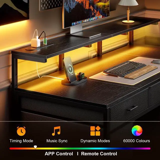 Alt view image 4 of 7 - 47 inch Computer Desk with 8 Storage Drawers, Gaming Desk with LED Lights & USB Power Outlets, Home Office Table with Monitor Stand, Study Writing Work Table for Bedroom, Black