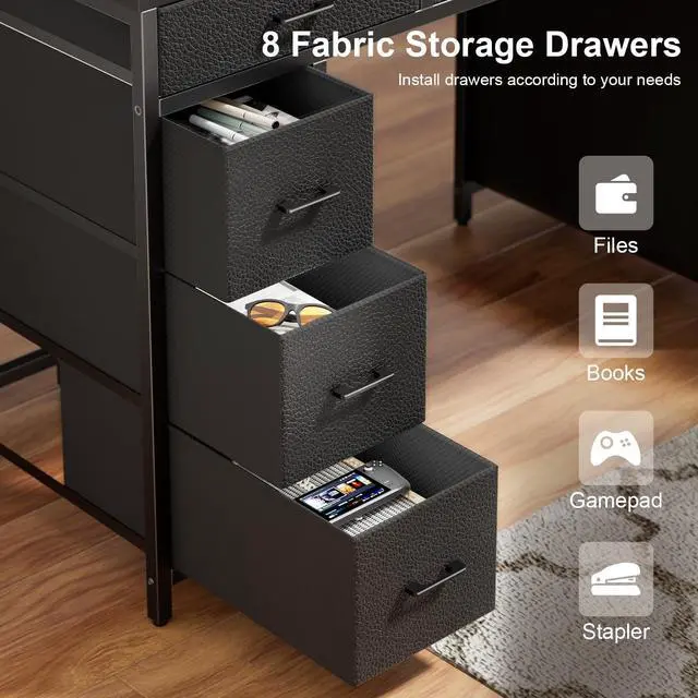 Alt view image 6 of 7 - 47 inch Computer Desk with 8 Storage Drawers, Gaming Desk with LED Lights & USB Power Outlets, Home Office Table with Monitor Stand, Study Writing Work Table for Bedroom, Black