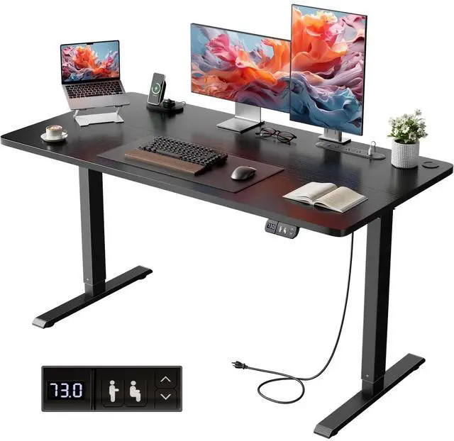 Main image of 40" Electric Standing Desk with Power Outlets, Black | 24" wide, 132lbs, 2 memory presets, height adjustable sit stand workstation for home office, ergonomic computer desk