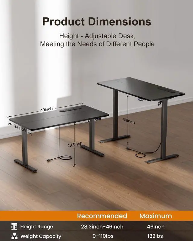 Alt view image 3 of 7 - 40" Electric Standing Desk with Power Outlets, Black | 24" wide, 132lbs, 2 memory presets, height adjustable sit stand workstation for home office, ergonomic computer desk