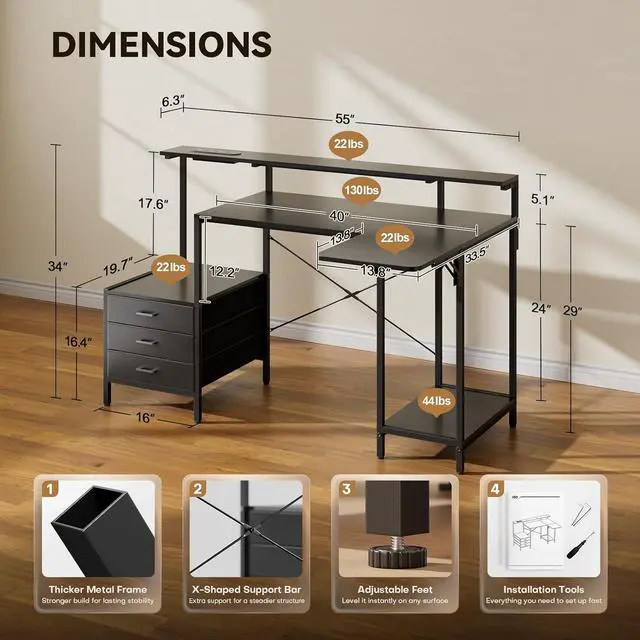 Alt view image 2 of 7 - 55 Inch Computer Desk for Home Office, Gaming Computer Desk with Printer Shelf, Storage Drawers, Power Outlets, Monitor Stand & LED Strip, Foldable L Shaped Gaming Table (Black)
