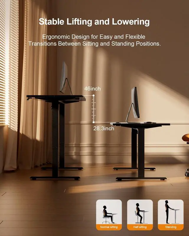 Alt view image 4 of 7 - 40" Electric Standing Desk with Power Outlets, Black | 24" wide, 132lbs, 2 memory presets, height adjustable sit stand workstation for home office, ergonomic computer desk