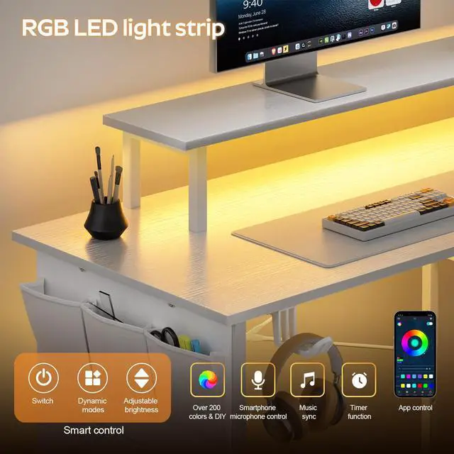 Alt view image 6 of 7 - L Shaped Computer Desk with Power Outlet, Gaming Desk with LED Lights, 44 Inch Corner Desk with Monitor Stand & Height Adjustable Storage Shelves, Home Office Desk for Bedroom, White